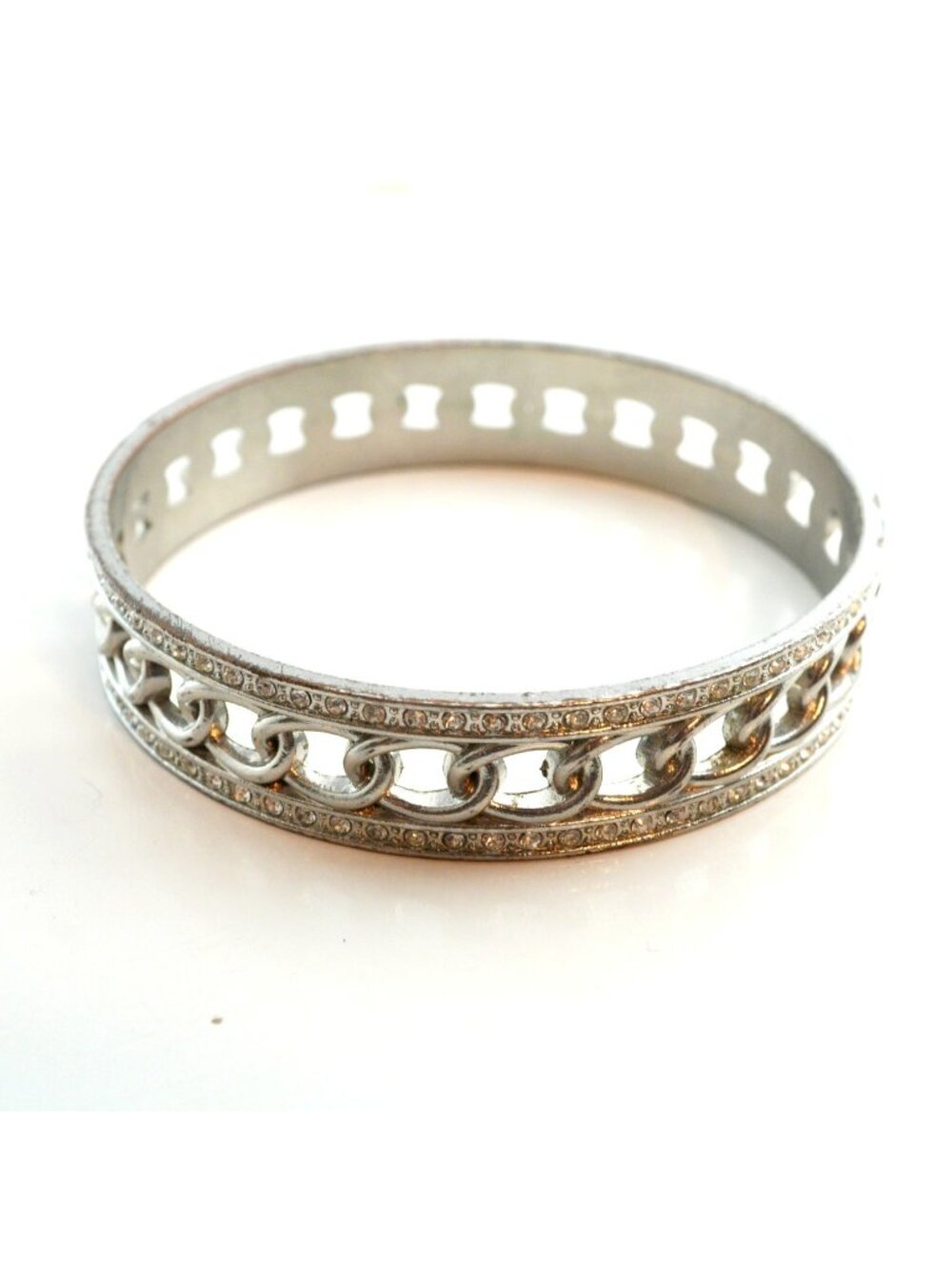 Silver Tone Rhinestone Bangle Bracelet Round Cut Accents 3" Diameter
